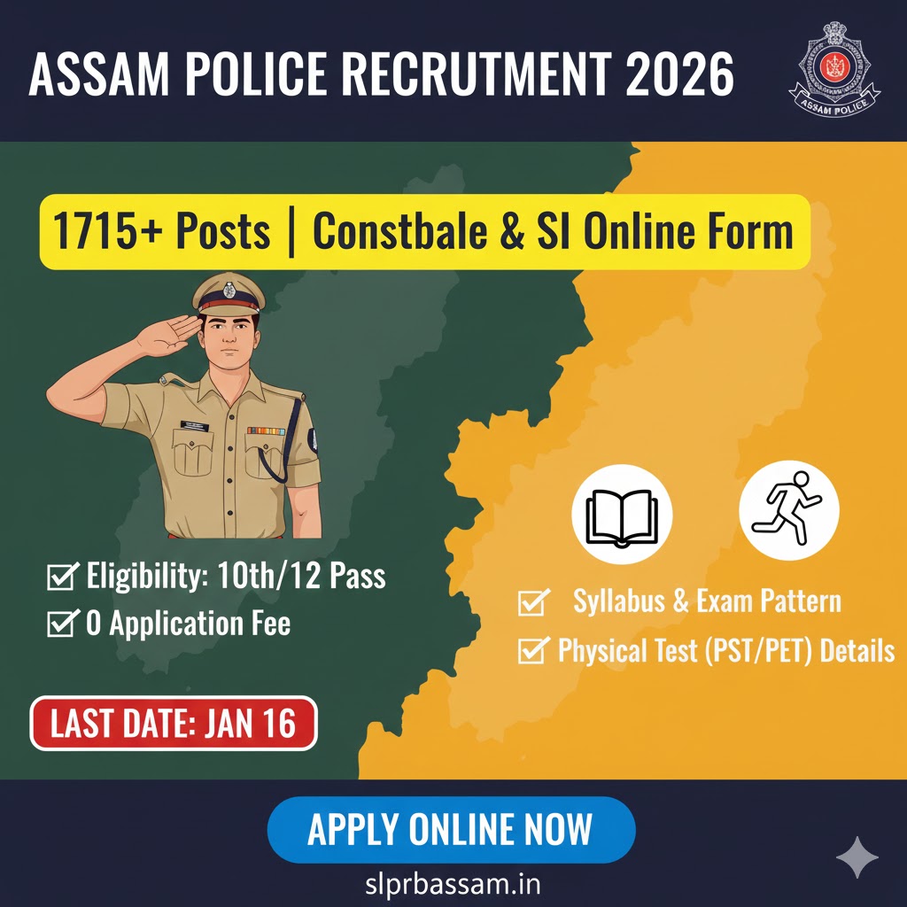 Read more about the article Assam Police Recruitment 2026: Apply Online for 1715+ Constable (AB/UB) & SI Posts | Eligibility, Syllabus & Dates
