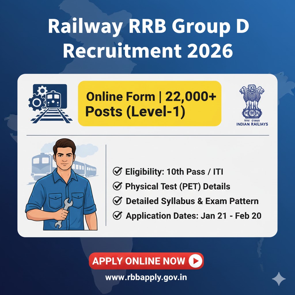 Read more about the article Railway RRB Group D Recruitment 2026: Apply Online for 22,000 Level-1 Posts | Eligibility, Syllabus & Dates