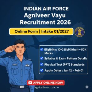 Read more about the article Indian Air Force Agniveer Vayu Recruitment 2026: Apply Online for Intake 01/2027 | Eligibility, Syllabus & Full Exam Pattern