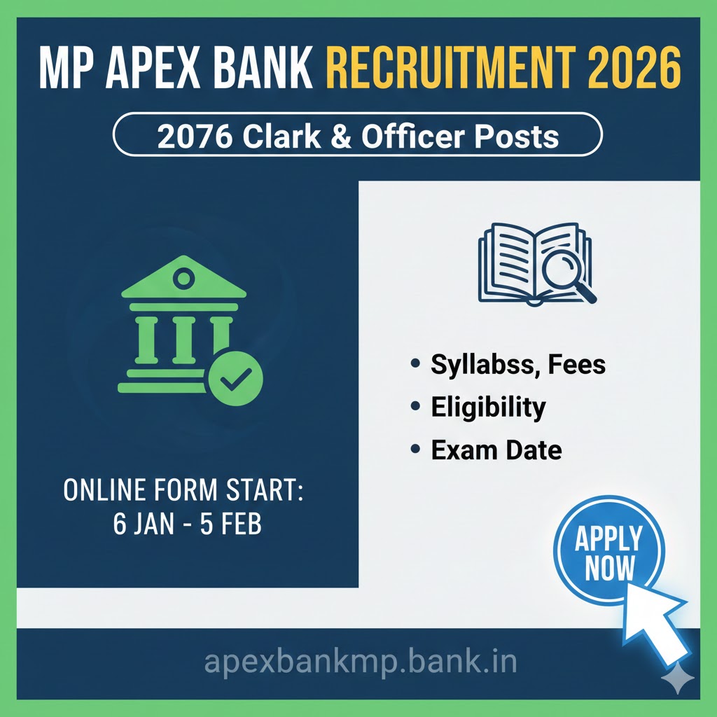 Read more about the article MP Apex Bank Recruitment 2026: Apply Online for 2076 Clerk & Officer Posts | Eligibility, Syllabus, Fees & Exam Date