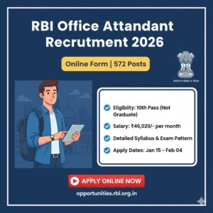 Read more about the article RBI Office Attendant Recruitment 2026: Apply Online for 572 Posts | 10th Pass Eligibility, Salary & Syllabus