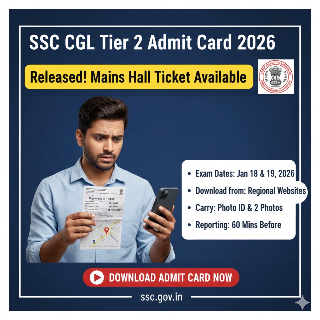 You are currently viewing SSC CGL Tier 2 Admit Card 2026 Released: Download Mains Hall Ticket for 18-19 Jan Exam | Direct Link & Exam Timing