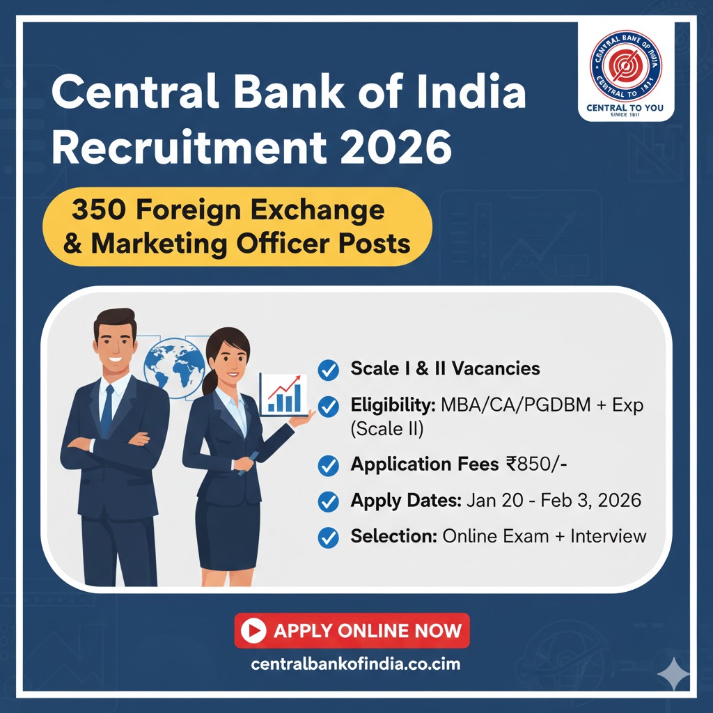 You are currently viewing Central Bank of India Recruitment 2026: Apply Online for 350 Foreign Exchange & Marketing Officer Posts