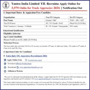 Read more about the article Yantra India Limited (YIL) Recruitment 2026:No exam | 3,979 Posts