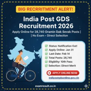 Read more about the article India Post GDS Recruitment 2026: 28,740 Posts | No Exam – Direct Selection