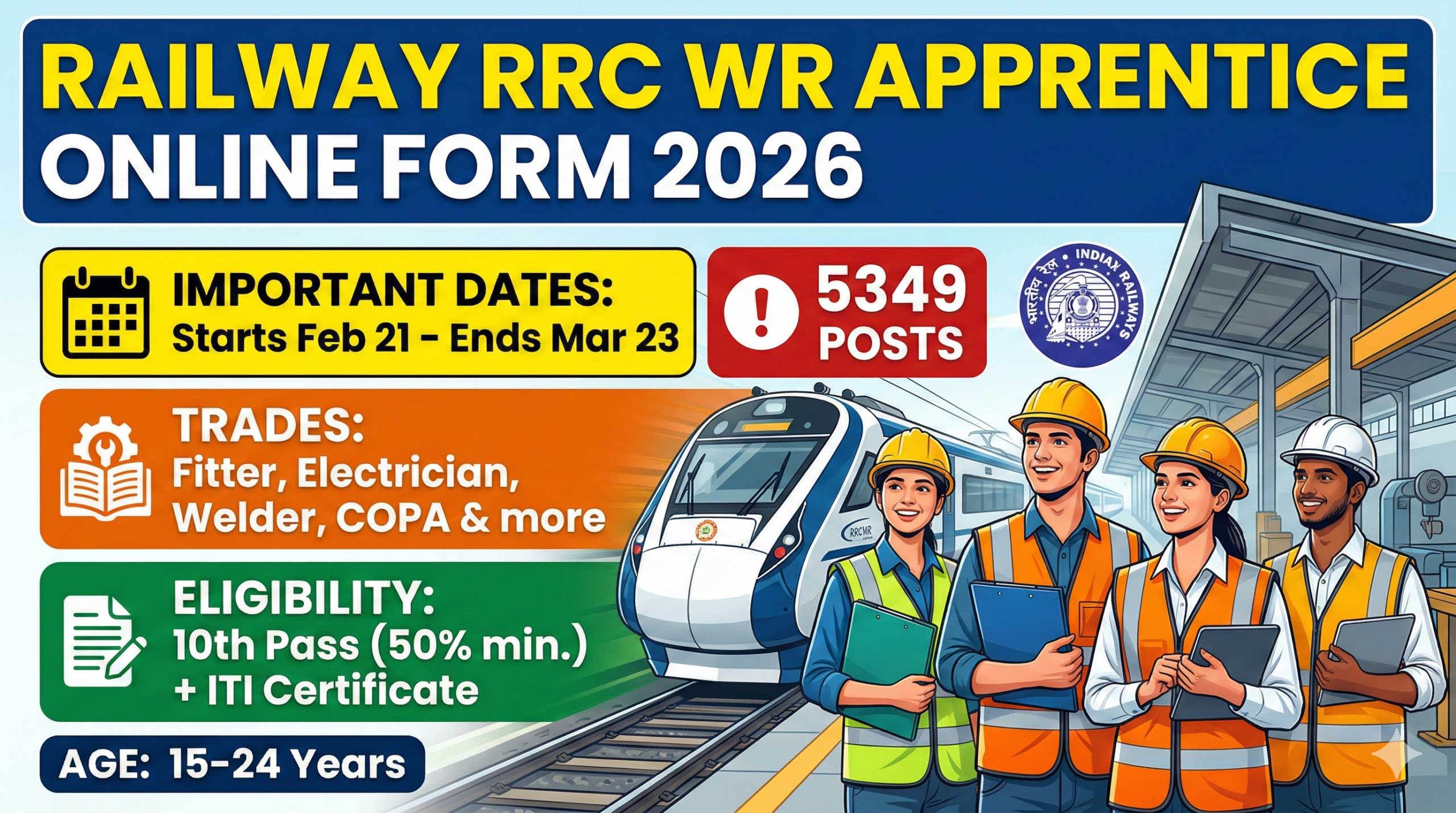 You are currently viewing RRC Western Railway Apprentice Recruitment 2026: Apply Online for 5349 Posts | 10th & ITI Pass
