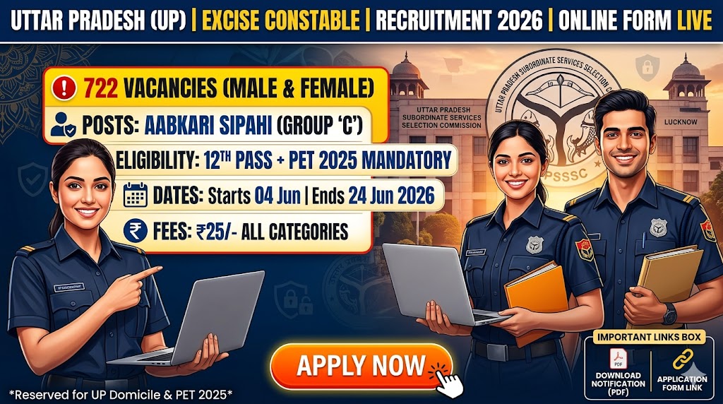 UP Excise Constable Recruitment 2026: Apply Online for 722 Aabkari Sipahi Posts